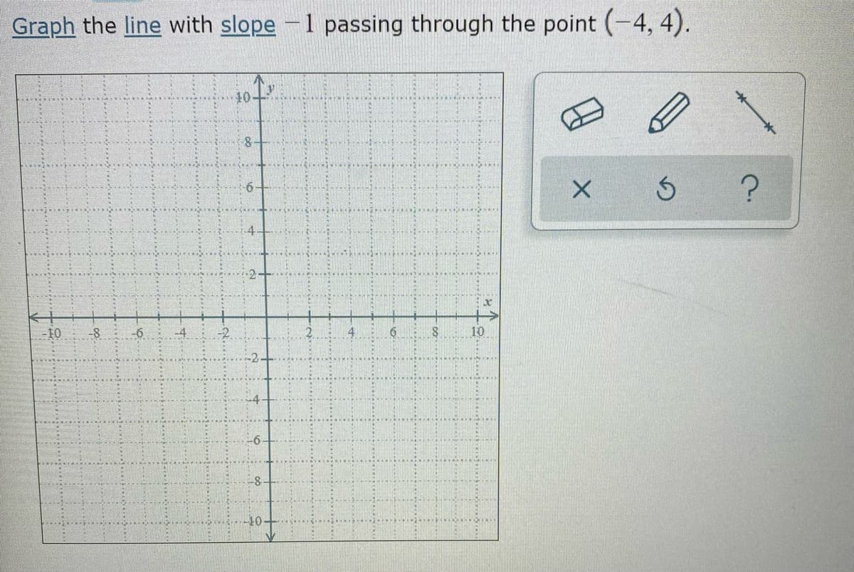 Graph the line with slope -1 passing through the point (-4, 4).
10
10
