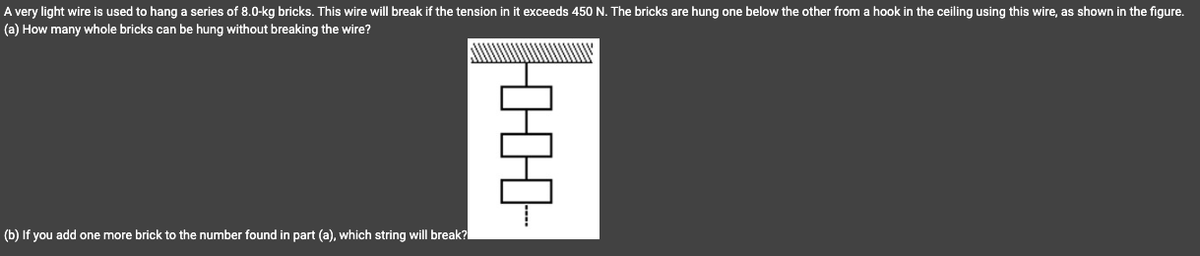 A very light wire is used to hang a series of 8.0-kg bricks. This wire will break if the tension in it exceeds 450 N. The bricks are hung one below the other from a hook in the ceiling using this wire, as shown in the figure.
(a) How many whole bricks can be hung without breaking the wire?
(b) If you add one more brick to the number found in part (a), which string will break?
HHH