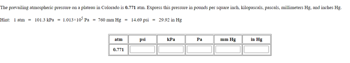 The prevailing atmospheric pressure on a plateau in Colorado is 0.771 atm. Express this pressure in pounds per square inch, kilopascals, pascals, millimeters Hg, and inches Hg.
Hint: 1 atm =
101.3 kPa =
1.013×10° Pa
= 760 mm Hg
14.69 psi = 29.92 in Hg
atm
psi
kPa
Ра
mm Hg
in Hg
0.771
