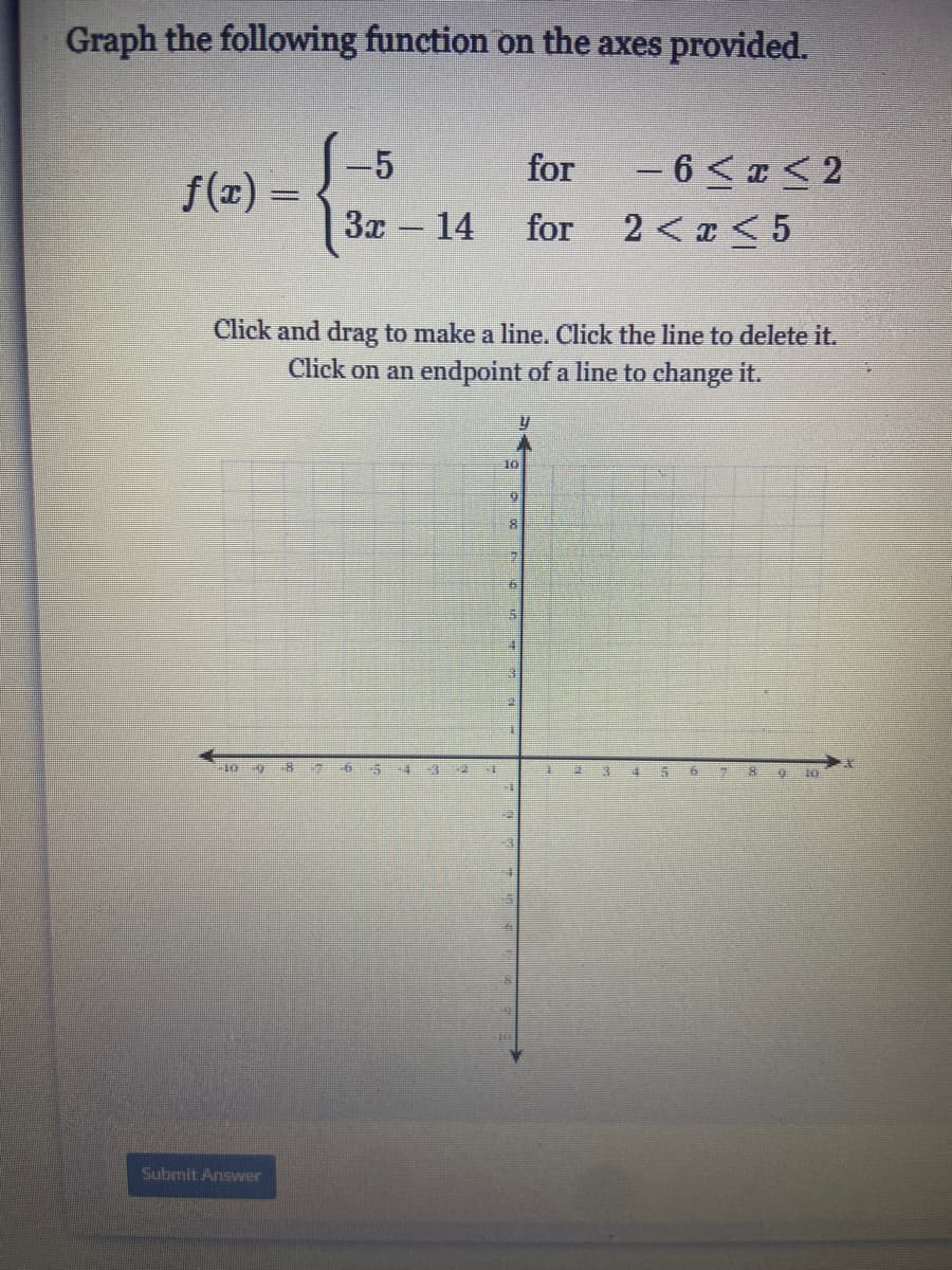 Graph the following function on the axes provided.
-5
f(x) =.
- 6 <a< 2
2 < z < 5
for
|
3x – 14
for
Click and drag to make a line. Click the line to delete it.
Click on an endpoint of a line to change it.
-1o g8 7
Submit Answer
