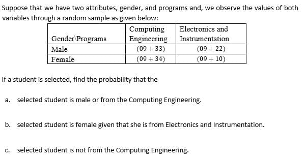 Suppose that we have two attributes, gender, and programs and, we observe the values of both
variables through a random sample as given below:
Computing
Engineering
Electronics and
Gender\Programs
Instrumentation
Male
(09 + 33)
(09 + 22)
Female
(09 + 34)
(09 + 10)
If a student is selected, find the probability that the
a. selected student is male or from the Computing Engineering.
b. selected student is female given that she is from Electronics and Instrumentation.
c. selected student is not from the Computing Engineering.
