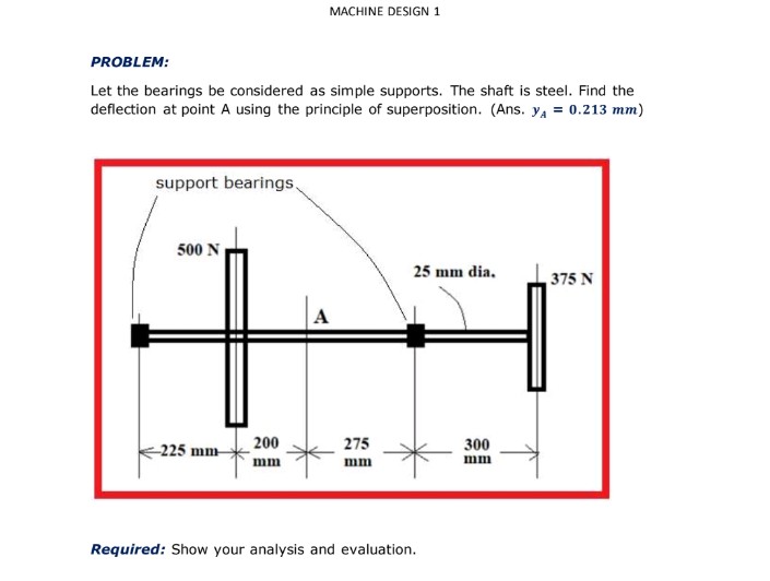 MACHINE DESIGN 1
PROBLEM:
Let the bearings be considered as simple supports. The shaft is steel. Find the
deflection at point A using the principle of superposition. (Ans. yA = 0.213 mm)
support bearings,
500 N
25 mm dia.
375 N
-225 mm
200
275
300
mm
mm
mm
Required: Show your analysis and evaluation.
