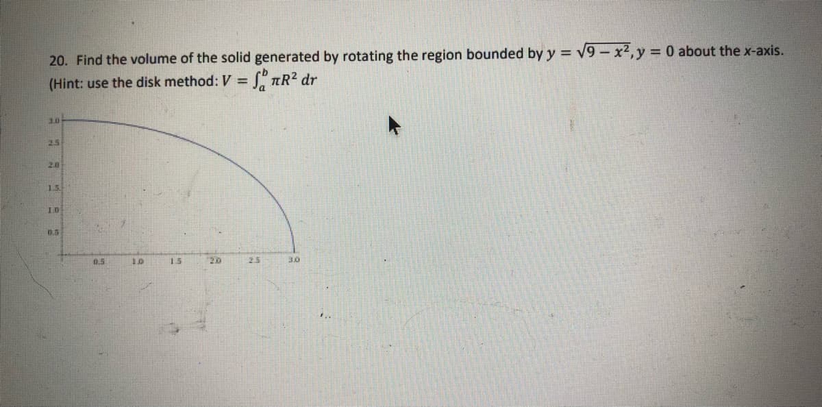 20. Find the volume of the solid generated by rotating the region bounded by y = v9- x2,y 0 about the x-axis.
(Hint: use the disk method: V = S" nR2 dr
3.0
25
20
15
10
05
0.5
10
20
