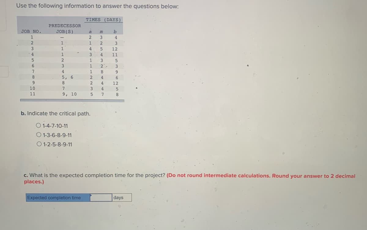 Use the following information to answer the questions below:
ΤΙMES
DAYS)
PREDECESSOR
JOB NO.
JOB (S)
b
a
m
1
3
1
1
2
3
1
4
12
1
3
11
3
3
2-
4
5, 6
4.
6.
8
4.
12
10
4
11
9, 10
7
8
b. Indicate the critical path.
O 1-4-7-10-11
O 1-3-6-8-9-11
O 1-2-5-8-9-11
c. What is the expected completion time for the project? (Do not round intermediate calculations. Round your answer to 2 decimal
places.)
Expected completion time
days
