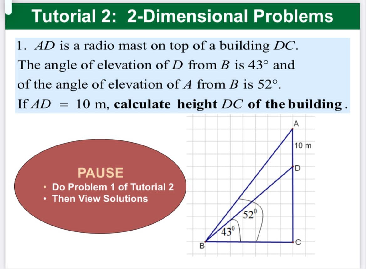 Tutorial 2: 2-Dimensional Problems
1. AD is a radio mast on top of a building DC.
The angle of elevation of D from B is 43° and
of the angle of elevation of A from B is 52º.
If AD = 10 m, calculate height DC of the building.
PAUSE
Do Problem 1 of Tutorial 2
Then View Solutions
B
43⁰
52⁰
A
10 m
D
с