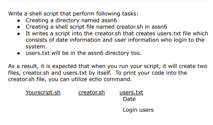 Write a shell script that perform following tasks:
Creating a directory named assn6
Creating a shell script file named creator.sh in assn6
• It writes a script into the creator.sh that creates users.txt file which
consists of date information and user information who login to the
system.
• users.txt will be in the assn6 directory too.
As a result, it is expected that when you run your script, it will create two
files, creator.sh and users.txt by itself. To print your code into the
creator.sh file, you can utilize echo command.
Yourscript.sh
creator.sh
users.txt
Date
Login users
