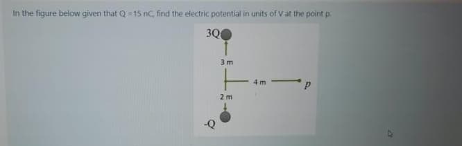 In the figure below given that Q =15 nC, find the electric potential in units of V at the point p.
3Q
3 m
4 m
2m
