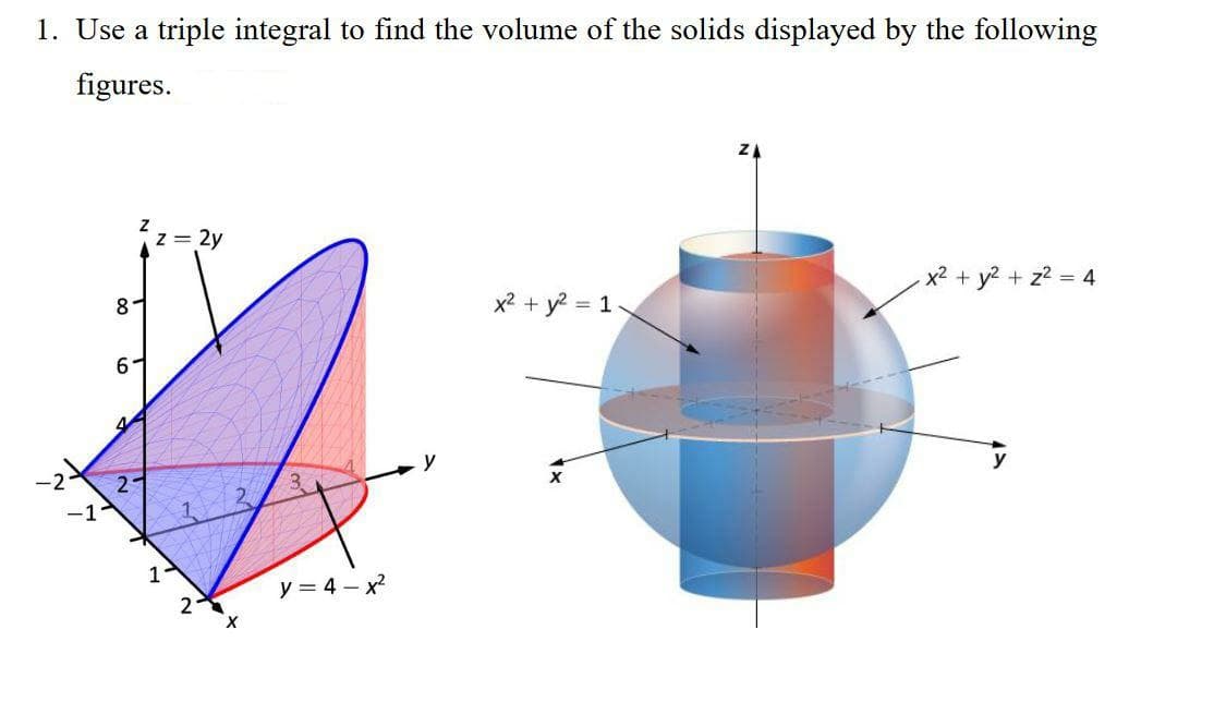 1. Use a triple integral to find the volume of the solids displayed by the following
figures.
z = 2y
8-
x2 + y? = 1
x2 + y2 + z2 = 4
6-
y
-2
21
y
1-
y = 4 – x?
2
