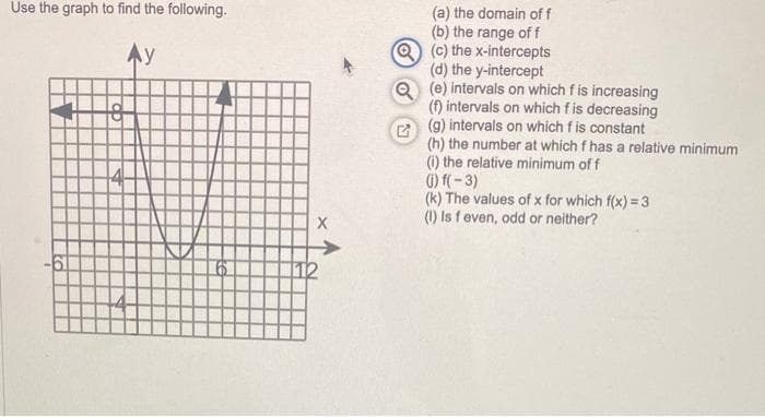 Use the graph to find the following.
Ay
H
X
(a) the domain off
(b) the range of f
Q(c) the x-intercepts
(d) the y-intercept
Q(e) intervals on which f is increasing
(f) intervals on which fis decreasing
(9) intervals on which f is constant
(h) the number at which f has a relative minimum
(i) the relative minimum of f
(j) f(-3)
(k) The values of x for which f(x)=3
(1) Is f even, odd or neither?