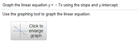 Graph the linear equation y = - 7x using the slope and y-intercept.
Use the graphing tool to graph the linear equation.
Click to
enlarge
graph
