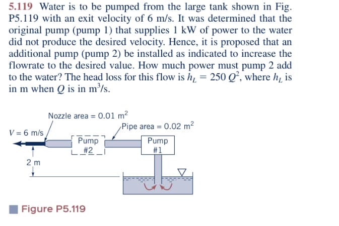 5.119 Water is to be pumped from the large tank shown in Fig.
P5.119 with an exit velocity of 6 m/s. It was determined that the
original pump (pump 1) that supplies 1 kW of power to the water
did not produce the desired velocity. Hence, it is proposed that an
additional pump (pump 2) be installed as indicated to increase the
flowrate to the desired value. How much power must pump 2 add
to the water? The head loss for this flow is h, = 250 Q², where h, is
in m when Q is in m³/s.
Nozzle area = 0.01 m²
Pipe area = 0.02 m²
%3!
V = 6 m/s
Pump
L#2 _
Pump
#1
2 m
Figure P5.119
