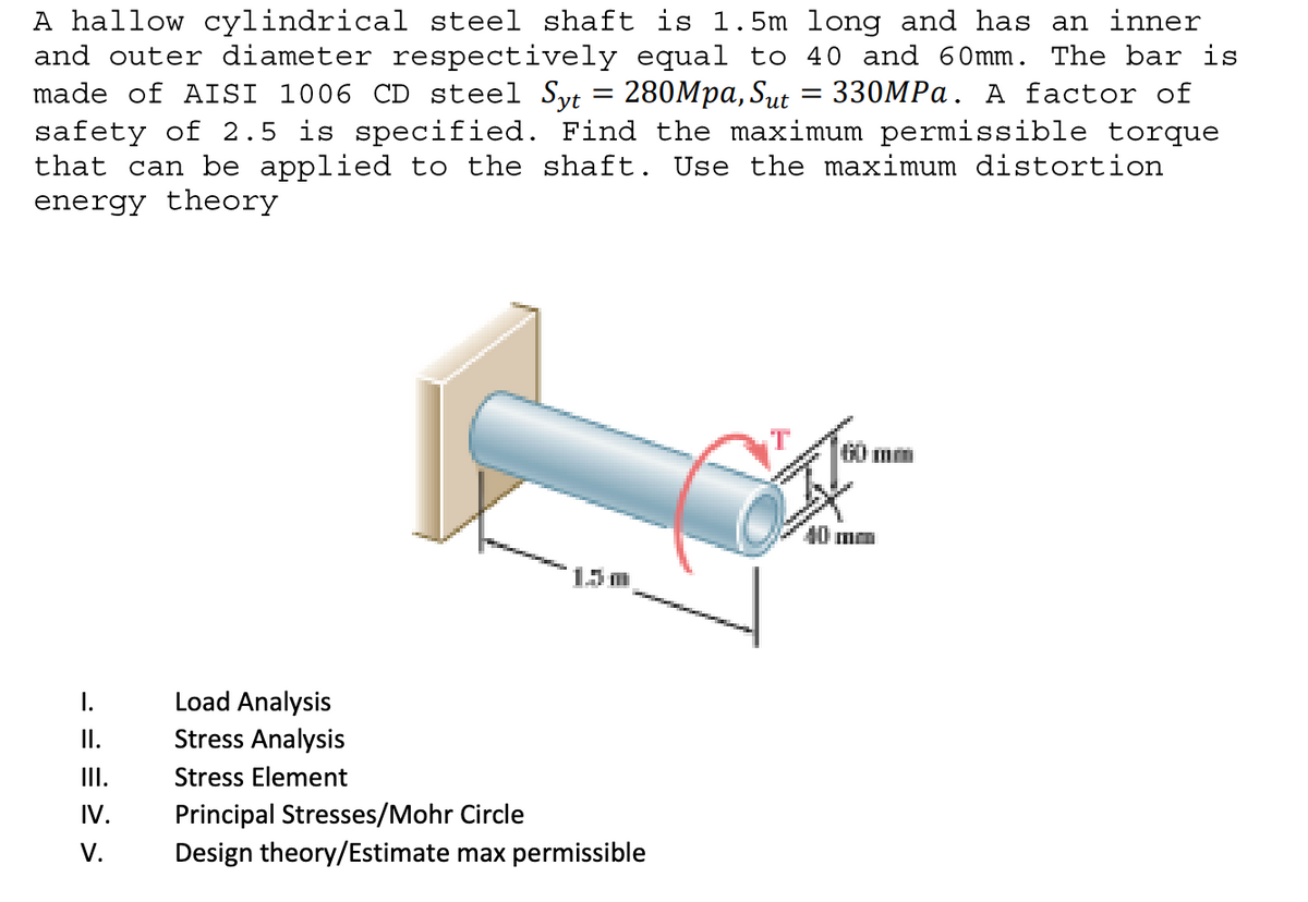 A hallow cylindrical steel shaft is 1.5m long and has an inner
and outer diameter respectively equal to 40 and 60mm. The bar is
made of AISI 1006 CD steel Syt = 280Mpa, Sut = 330MP.. A factor of
safety of 2.5 is specified. Find the maximum permissible torque
that can be applied to the shaft. Use the maximum distortion
energy theory
%3D
60 mm
40
Load Analysis
Stress Analysis
I.
I.
I.
Stress Element
Principal Stresses/Mohr Circle
Design theory/Estimate max permissible
IV.
V.
