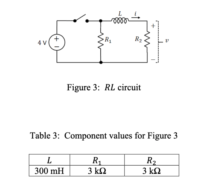 R2
R1
4 V
Figure 3: RL circuit
Table 3: Component values for Figure 3
L
R1
3 kΩ
R2
3 kΩ
300 mH
