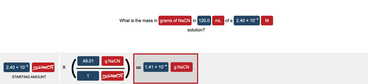 What is the mass in grams of NaCN in 120.0
mL of a 2.40 × 10-5
M
solution?
49.01
g NaCN
2.40 x 10-5 moLNaCN
= 1.41 x 10¬4
g NaCN
1
molNaCN
STARTING AMOUNT
