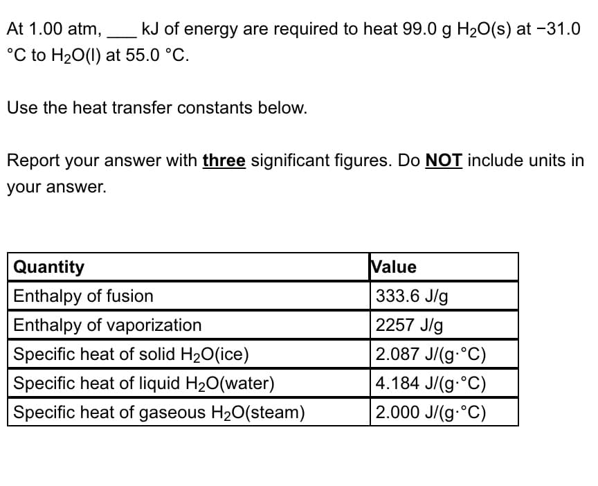 At 1.00 atm,
kJ of energy are required to heat 99.0 g H2O(s) at -31.0
°C to H20(1) at 55.0 °C.
Use the heat transfer constants below.
Report your answer with three significant figures. Do NOT include units in
your answer.
Quantity
Value
Enthalpy of fusion
333.6 J/g
Enthalpy of vaporization
| 2257 J/g
Specific heat of solid H20(ice)
2.087 J/(g-°C)
Specific heat of liquid H20(water)
4.184 J/(g °C)
Specific heat of gaseous H20(steam)
2.000 J/(g-°C)
