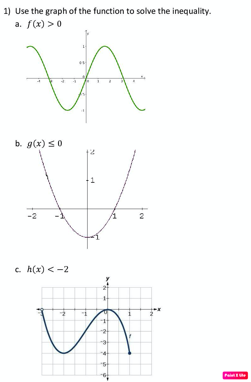 1) Use the graph of the function to solve the inequality.
а. f (x) > 0
%24
05
-1
b. g(x) < 0
2.
1
-2
/1
2
с. h(x) < -2
21
1-
-2
-1
-1
-2-
-3
-4-
-5-
Paint X lite
