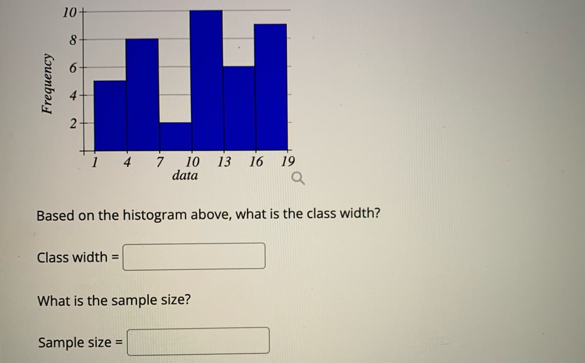10
8
1
4
7
10
13
16
19
data
Based on the histogram above, what is the class width?
Class width =
What is the sample size?
Sample size =
Frequency
