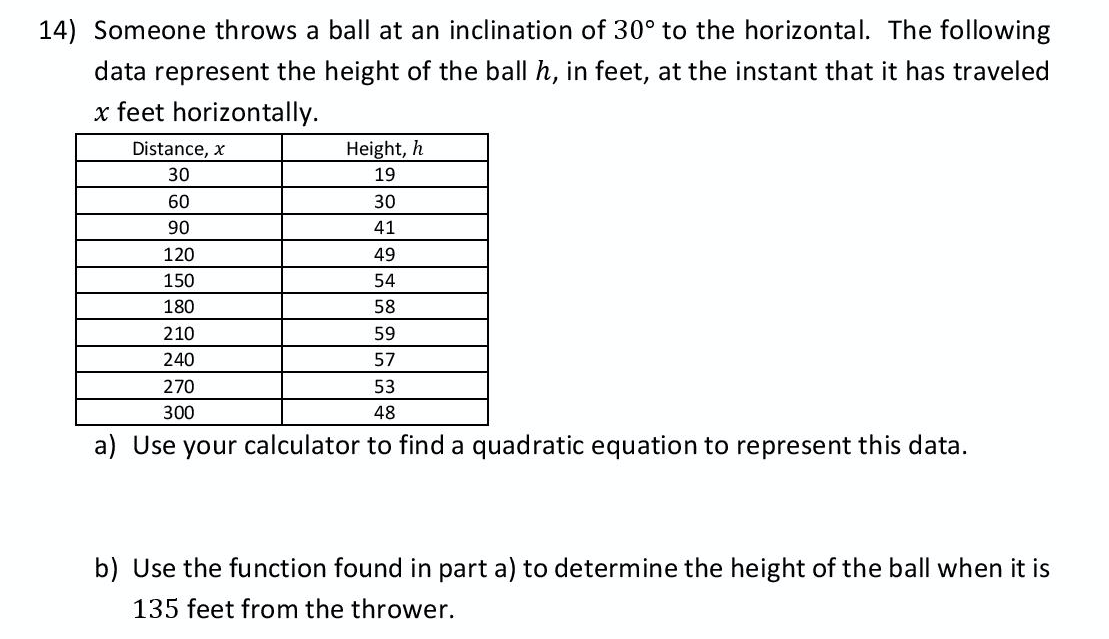14) Someone throws a ball at an inclination of 30° to the horizontal. The following
data represent the height of the ball h, in feet, at the instant that it has traveled
x feet horizontally.
Distance, x
Height, h
30
19
60
30
90
41
120
49
150
54
180
58
210
59
240
57
270
53
300
48
a) Use your calculator to find a quadratic equation to represent this data.
b) Use the function found in part a) to determine the height of the ball when it is
135 feet from the thrower.
