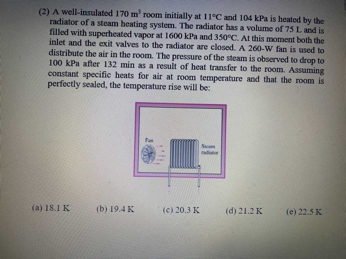 (2) A well-insulated 170 m room initially at 11°C and 104 kPa is heated by the
radiator of a steam heating system. The radiator has a volume of 75 L and is
filled with superheated vapor at 1600 kPa and 350°C. At this moment both the
inlet and the exit valves to the radiator are closed. A 260-W fan is used to
distribute the air in the room. The pressure of the steam is observed to drop to
100 kPa after 132 min as a result of heat transfer to the room. Assuming
constant specific heats for air at room temperature and that the room is
perfectly sealed, the temperature rise will be:
Fan
Steam
radiator
(a) 18.1 K
(b) 19.4 K
(c) 20.3 K
(d) 21.2 K
(e) 22.5 K
