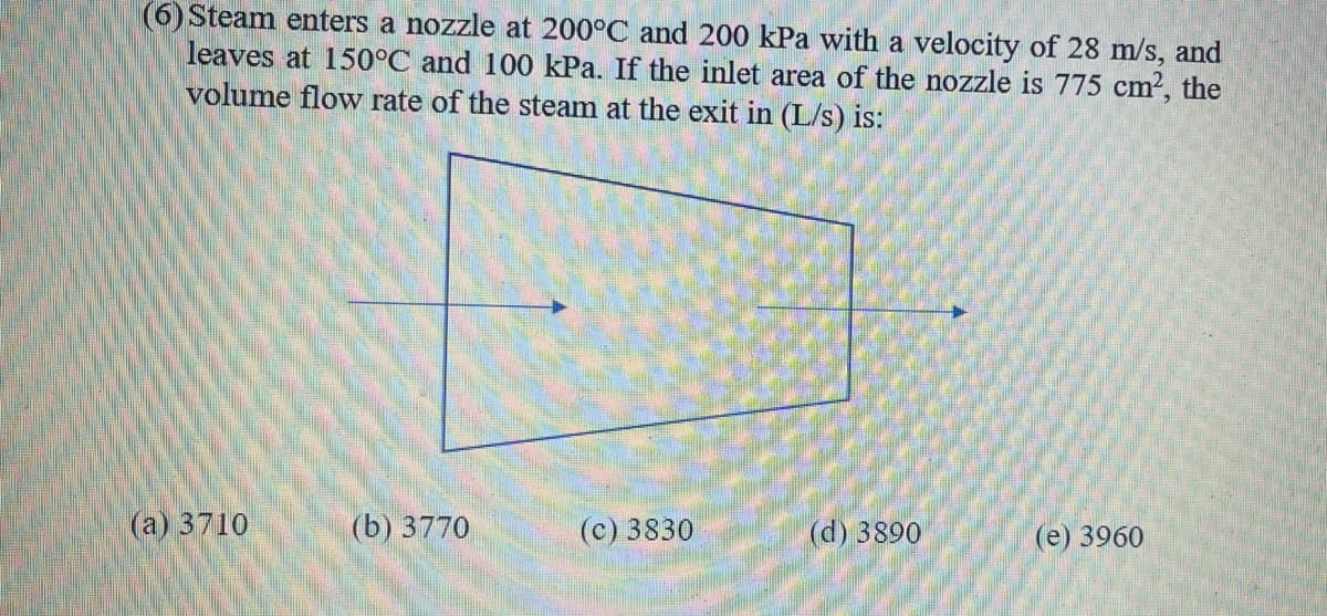 (6) Steam enters a nozzle at 200°C and 200 kPa with a velocity of 28 m/s, and
leaves at 150°C and 100 kPa. If the inlet area of the nozzle is 775 cm2, the
volume flow rate of the steam at the exit in (L/s) is:
(a) 3710
(b) 3770
(с) 3830
(d) 3890
(е) 3960
