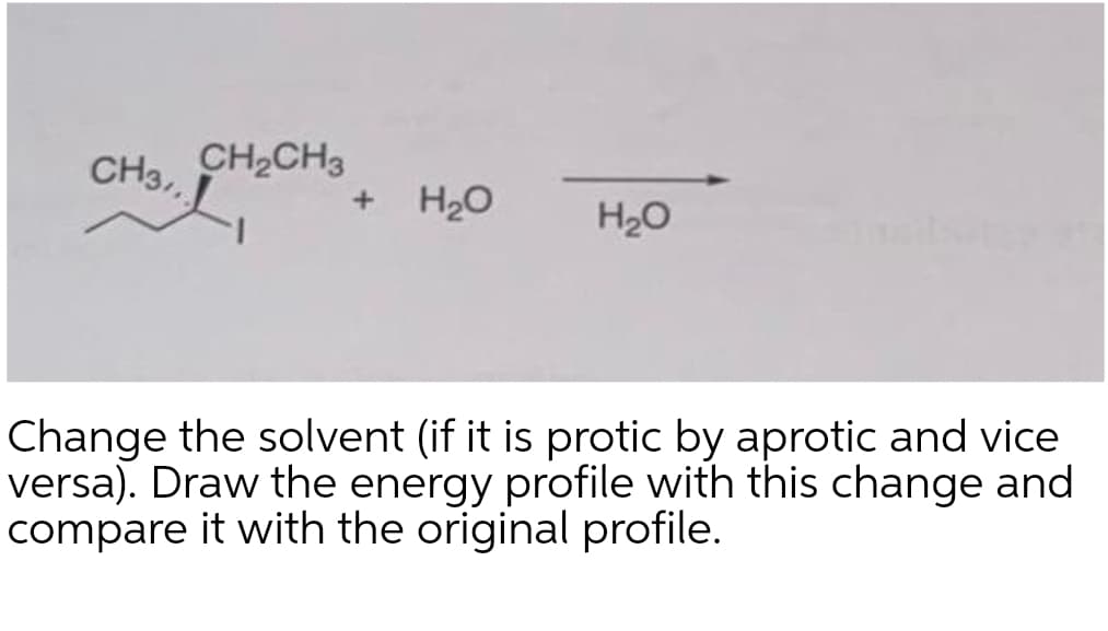 CH3,
CH2CH3
H20
H20
Change the solvent (if it is protic by aprotic and vice
versa). Draw the energy profile with this change and
compare it with the original profile.
