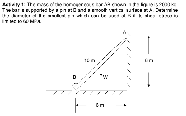 Activity 1: The mass of the homogeneous bar AB shown in the figure is 2000 kg.
The bar is supported by a pin at B and a smooth vertical surface at A. Determine
the diameter of the smallest pin which can be used at B if its shear stress is
limited to 60 MPa.
10 m
8 m
6 m
