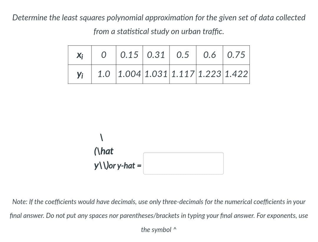 Determine the least squares polynomial approximation for the given set of data collected
from a statistical study on urban traffic.
0.15 0.31
0.5
0.6
0.75
Yi
1.0 1.004 1.031 1.117 1.223 1.422
(\hat
y\ \Vory-hat =
Note: If the coefficients would have decimals, use only three-decimals for the numerical coefficients in your
final answer. Do not put any spaces nor parentheses/brackets in typing your final answer. For exponents, use
the symbol ^
