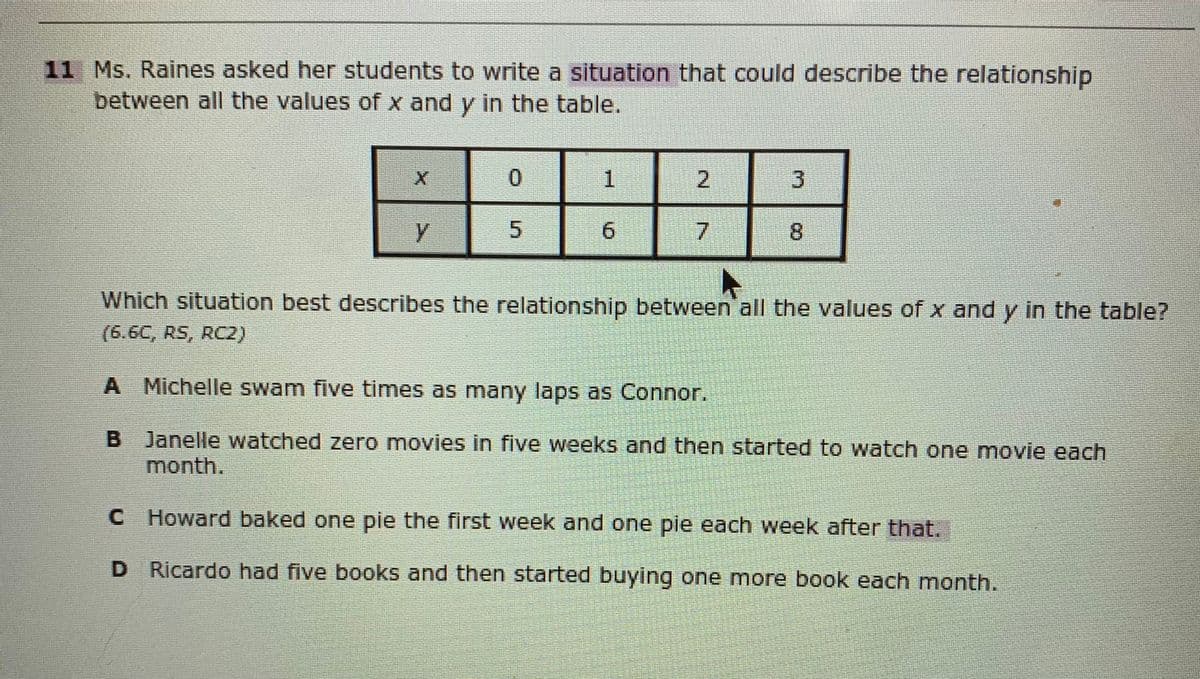 11 Ms. Raines asked her students to write a situation that could describe the relationship
between all the values of x and y in the table.
0.
2
5.
6.
8.
Which situation best describes the relationship between all the values of x and y in the table?
(6.6C, RS, RC2)
A Michelle swam five times as many laps as Connor.
Janelle watched zero movies in five weeks and then started to watch one movie each
month.
B.
C Howard baked one pie the first week and one pie each week after that.
D Ricardo had five books and then started buying one more book each month.
3.
