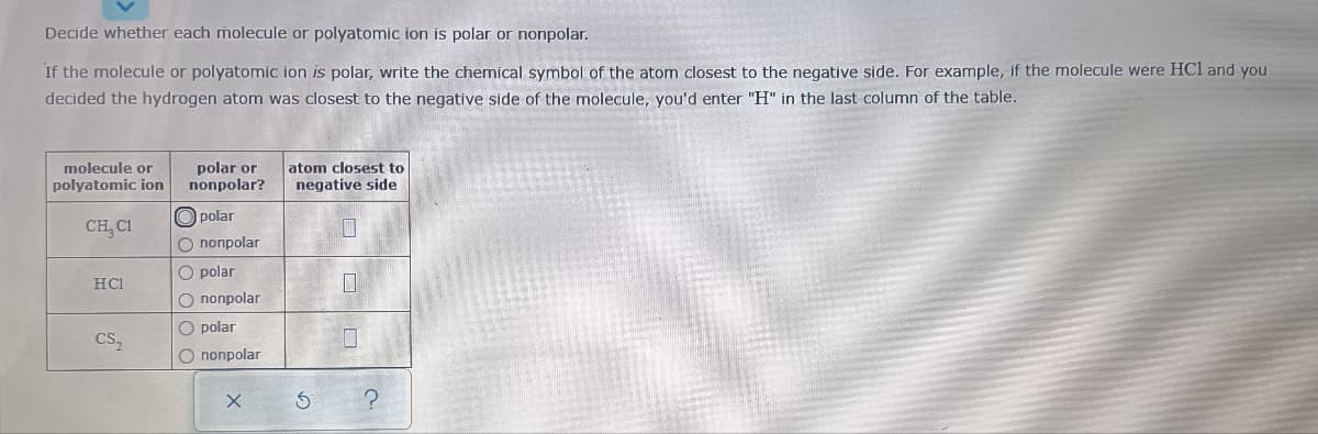 Decide whether each molecule or polyatomic ion is polar or nonpolar.
If the molecule or polyatomic ion is polar, write the chemical symbol of the atom closest to the negative side. For example, if the molecule were HCl and you
decided the hydrogen atom was closest to the negative side of the molecule, you'd enter "H" in the last column of the table.
molecule or
polar or
nonpolar?
atom closest to
polyatomic ion
negative side
O polar
CH, C1
O nonpolar
O polar
HCI
O nonpolar
O polar
Cs,
О nопроlar
