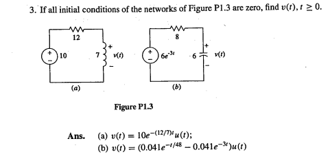 3. If all initial conditions of the networks of Figure P1.3 are zero, find v(t), t 2 0.
12
8
10
6e
6
v(1)
(a)
(b)
Figure P1.3
Ans. (a) v(t) = 10e-(12/7 u(t);
(b) v(t) = (0.041e¬/48 – 0.041e-3)u(t)
