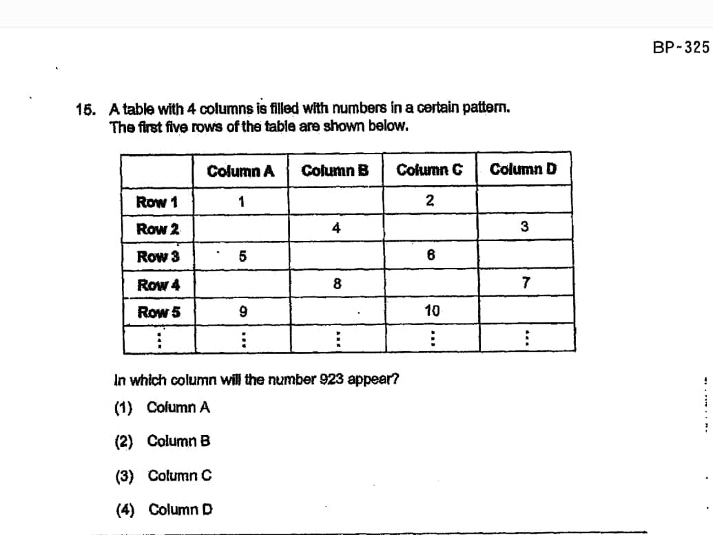 15. A table with 4 columns is filled with numbers in a certain pattern.
The first five rows of the table are shown below.
Row 1
Row 2
Row 3
Row 4
Row 5
;
Column A
1
5
9
:
Column B
4
8
Column C
2
In which column will the number 923 appear?
(1) Column A
(2) Column B
(3) Column C
(4)
Column D
6
10
⠀
Column D
3
7
⠀
BP-325