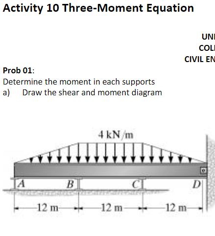 Activity 10 Three-Moment Equation
UNI
COL
CIVIL EN
Prob 01:
Determine the moment in each supports
a) Draw the shear and moment diagram
4 kN m
B
D
-12 m-
12 m-
-12 m-

