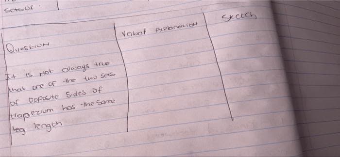 Soteur
QuestroN
Veibat expbnation
Sketch
is
IS Hot Cluways true
Ahat ore of the
two Seis
of Opposite Sides of
trapezium has the Same
teg length
