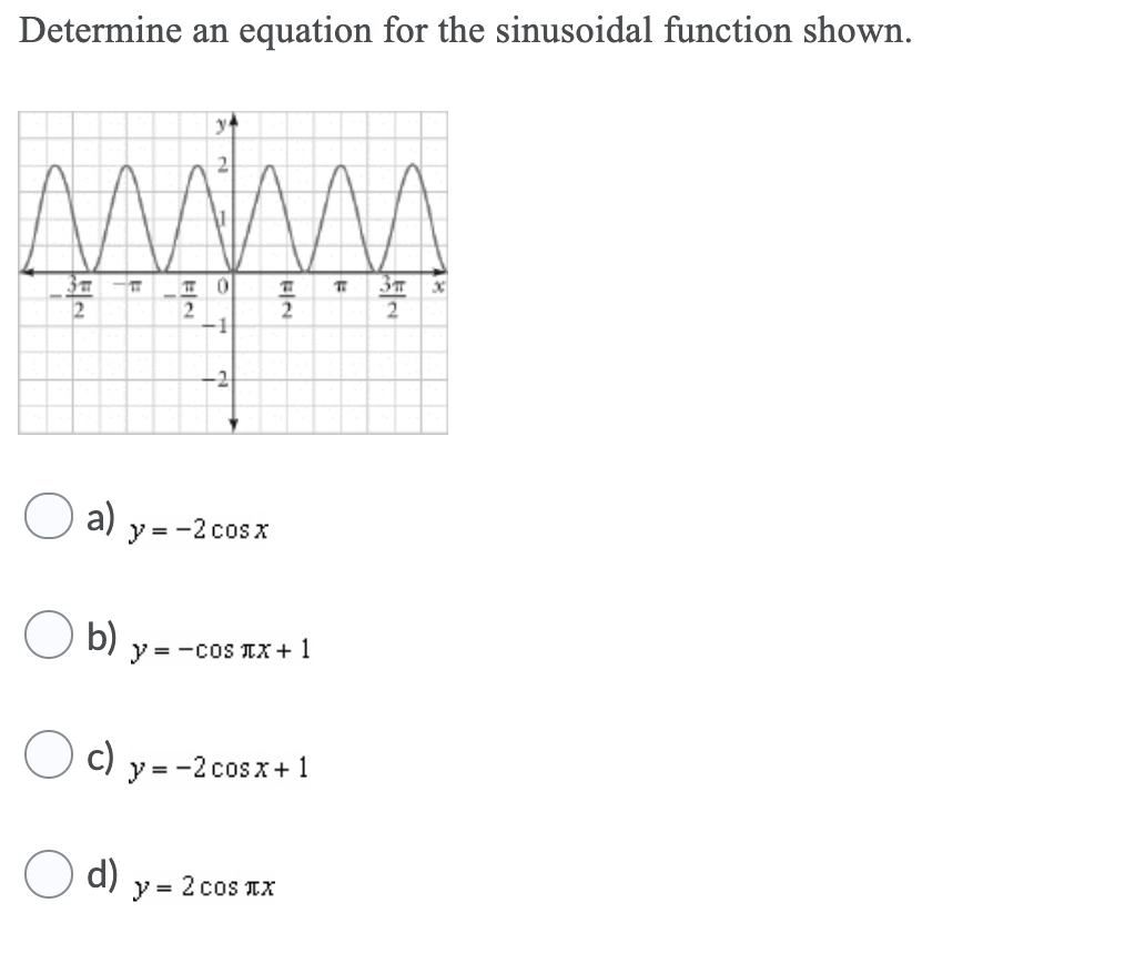 Determine an equation for the sinusoidal function shown.
3m
2
-1
-2
a)
y = -2 cos x
O b).
y = -coS TX + 1
C) y = -2 cosx+ 1
d)
y = 2 cos Tx

