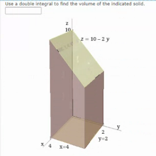 Use a double integral to find the volume of the indicated solid.
10
z = 10 -2 y
y
2
y=2
X-4
