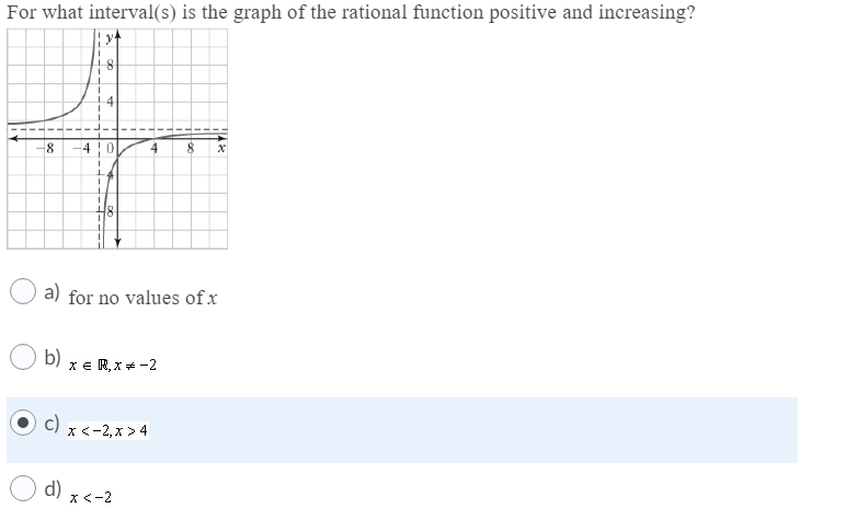 For what interval(s) is the graph of the rational function positive and increasing?
4
4
a) for no values of x
b)
x e R, x + -2
c)
x<-2, x > 4
X<-2
1.

