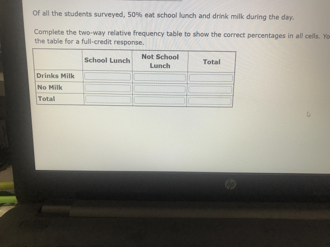 Of all the students surveyed, 50% eat school lunch and drink milk during the day.
Complete the two-way relative frequency table to show the correct percentages in all cells. Yo
the table for a full-credit response.
Not School
School Lunch
Total
Lunch
Drinks Milk
No Milk
Total
Cop
