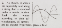 2. As shown, 3 waves
are separately sent along
a string that is stretched
under a certain tension.
Rank
the
waves
according to their (a)
wavelengths, (b) speeds,
and (c) angular frequencies, greatest first
