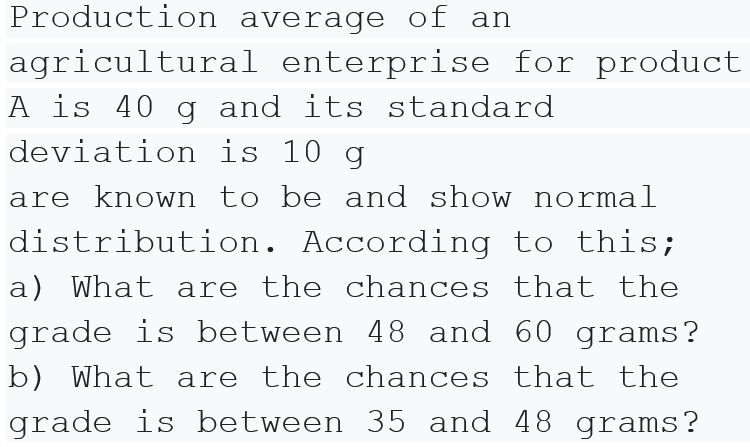 Production average of an
agricultural enterprise for product
A is 40 g and its standard
deviation is 10 g
are known to be and show normal
distribution. According to this;
a) What are the chances that the
grade is between 48 and 60 grams?
b) What are the chances that the
grade is between 35 and 48 grams?
