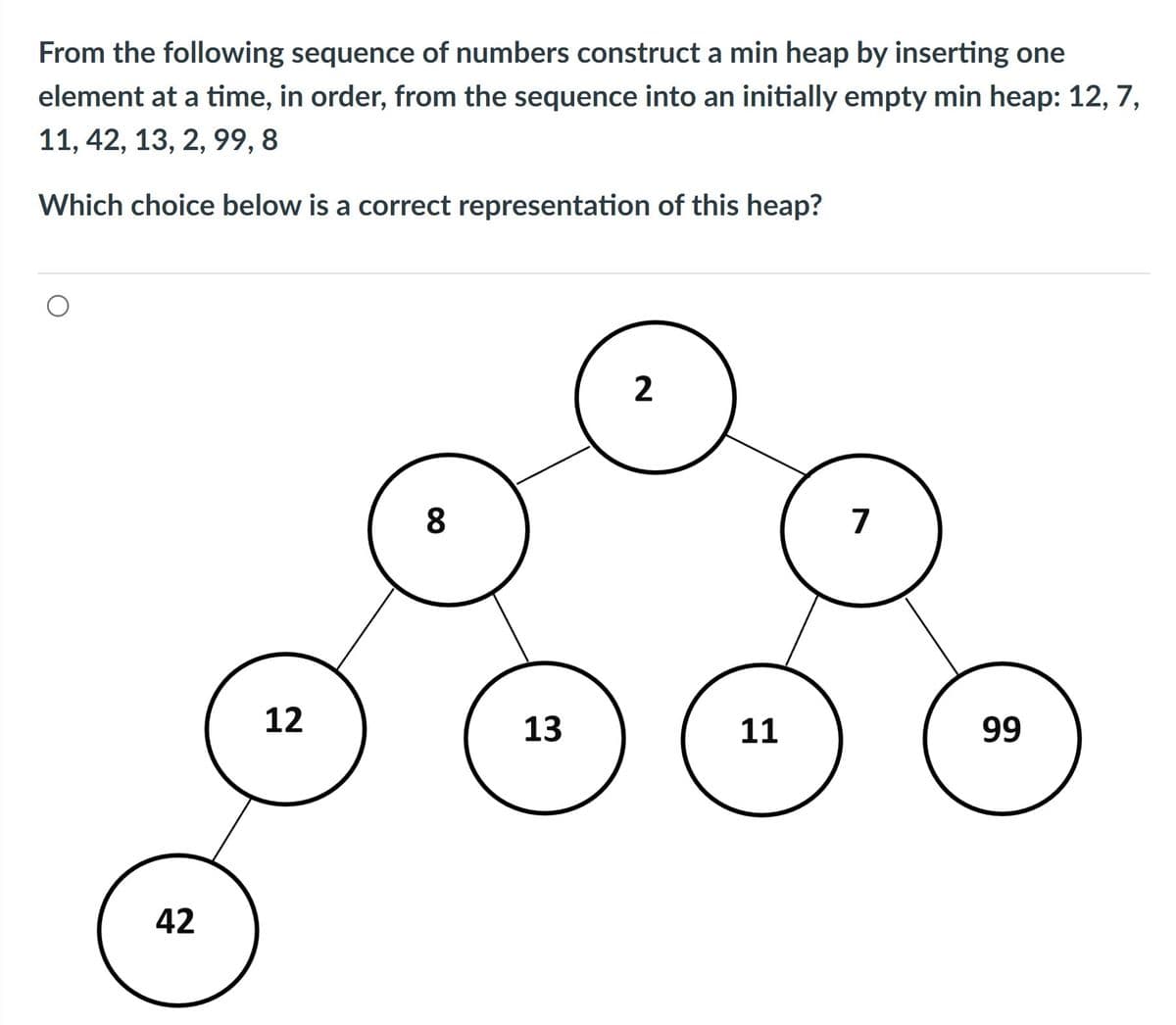 From the following sequence of numbers construct a min heap by inserting one
element at a time, in order, from the sequence into an initially empty min heap: 12, 7,
11, 42, 13, 2, 99, 8
6.
Which choice below is a correct representation of this heap?
2
8
7
12
13
11
99
42
