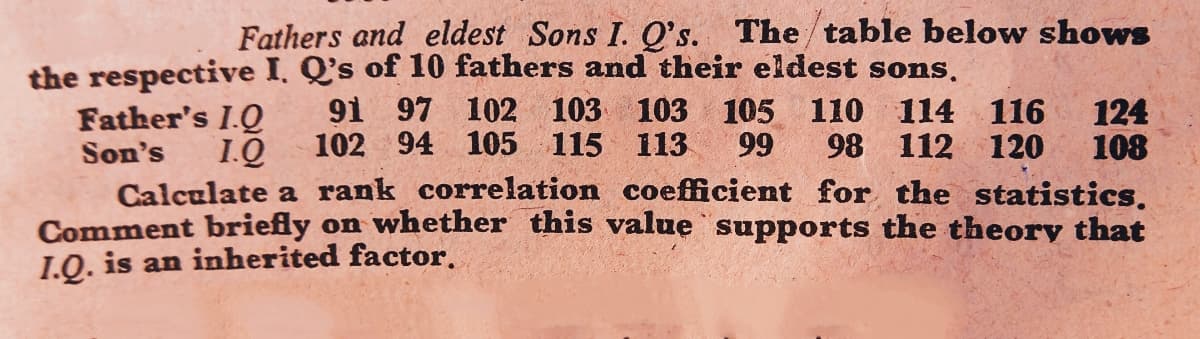 Fathers and eldest Sons I. Q's. The table below shows
the respective I. Q's of 10 fathers and their eldest sons,
Father's I.Q
Son's
91 97 102 103 103 105
102 94 105 115 113 99
110 114 116
98 112 120
124
108
1.Q
Calculate a rank correlation coefficient for the statistics.
Comment briefly on whether this value supports the theory that
I.Q. is an inherited factor,
