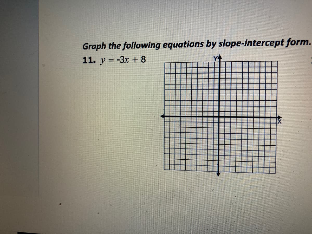 Graph the following equations by slope-intercept form.
11. y = -3x + 8
%3D
