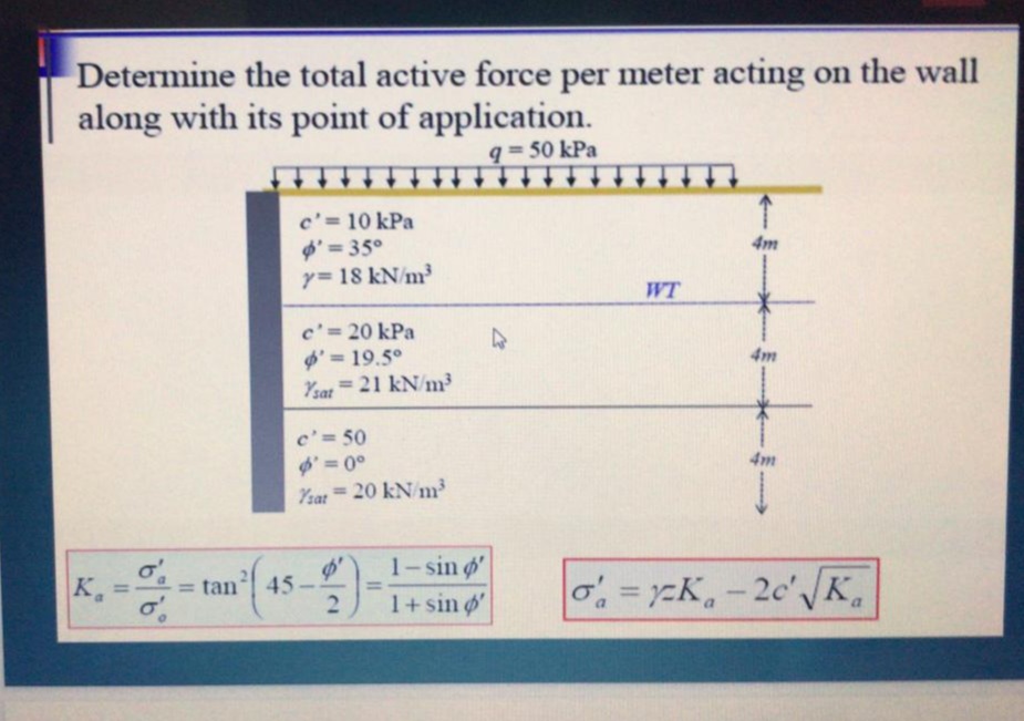Determine the total active force per meter acting on the wall
along with its point of application.
q= 50 kPa
c'= 10 kPa
ø' = 35°
y= 18 kN/m³
4m
WT
c'= 20 kPa
' = 19.5°
Ysat = 21 kN/m³
4m
%3D
c'= 50
4m
' = 0°
Ysar = 20 kN/m³
%3D
1-sin o'
1+ sin ø'
o==K,-2c'K.
K.
= tan
45
%3D
%3D
