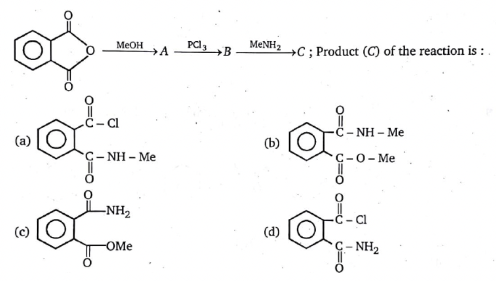 МеОн
→A
PCI3
MENH2
+C; Product (C) of the reaction is :
CI
C- NH – Me
(a)
(b)
C- NH – Me
С -о-Мe
-NH2
(c)
(d)
OMe
C- NH2
