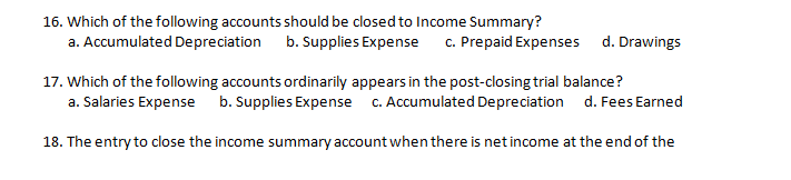 16. Which of the following accounts should be closed to Income Summary?
a. Accumulated Depreciation b. Supplies Expense
c. Prepaid Expenses
d. Drawings
17. Which of the following accounts ordinarily appears in the post-closing trial balance?
a. Salaries Expense b. Supplies Expense c. Accumulated Depreciation d. Fees Earned
18. The entry to close the income summary account when there is net income at the end of the

