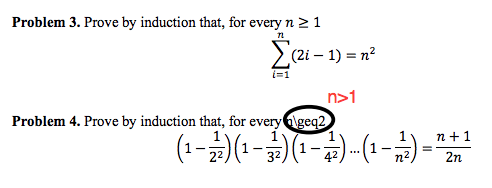 Problem 3. Prove by induction that, for every n 2 1
>(2i – 1) = n?
i=1
n>1
Problem 4. Prove by induction that, for everygeq2
(1-)(1--)-(1-)-
n +1
n-
2n
