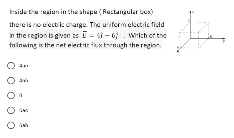 Inside the region in the shape ( Rectangular box)
there is no electric charge. The uniform electric field
in the region is given as E = 4î – 6ĵ . Which of the
-
following is the net electric flux through the region.
4аc
4ab
бас
6ab
