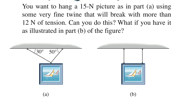 You want to hang a 15-N picture as in part (a) using
some very fine twine that will break with more than
12 N of tension. Can you do this? What if you have it
as illustrated in part (b) of the figure?
30° 50°
(а)
(b)
