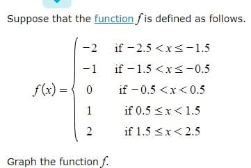 Suppose that the function fis defined as follows.
-2
if -2.5 <x< -1.5
-1
if -1.5 < x≤ -0.5
f(x) =
0
if -0.5 <x<0.5
1
if 0.5 < x < 1.5
2
if 1.5 <x<2.5
Graph the function f.