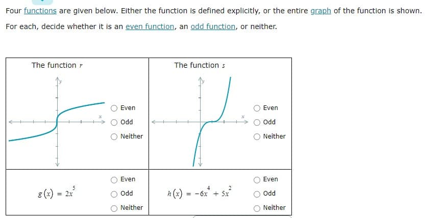 Four functions are given below. Either the function is defined explicitly, or the entire graph of the function is shown.
For each, decide whether it is an even function, an odd function, or neither.
The function ?"
The function s
Even
Even
Odd
Odd
Neither
Neither
Even
Even
5
g(x) = 2x
Odd
Odd
Neither
Neither
4
2
h(x) = − 6x*
= -6x + 5x